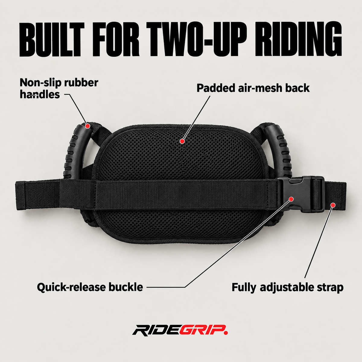RideGrip Belt features: non-slip handles, padded mesh, quick-release buckle, adjustable strap