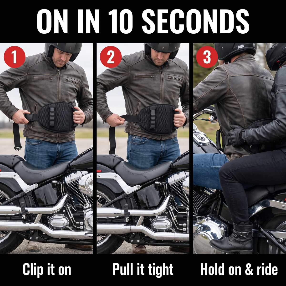 Put on the RideGrip Belt in three steps