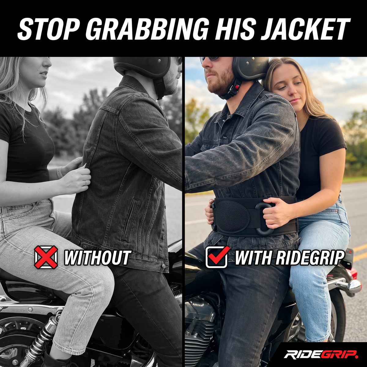 Passenger grabbing a jacket versus holding RideGrip handles