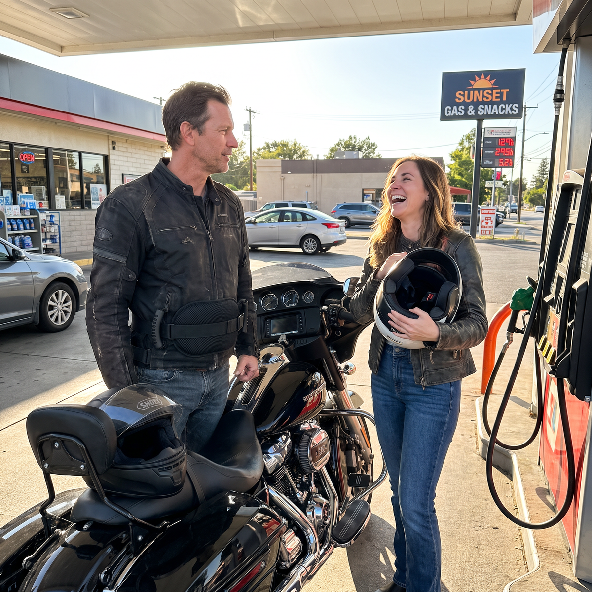 Rider couple at a gas station stop