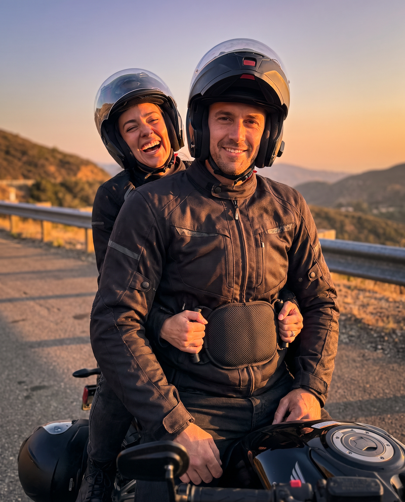 Passenger holding the RideGrip handles at the front of the rider's waist